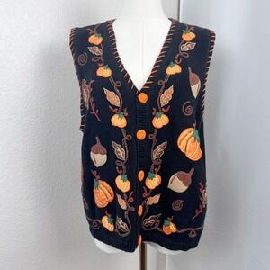 Vintage Fall Pumpkin Sweater Vest Womens Large Black Embroidered Cottage Granny